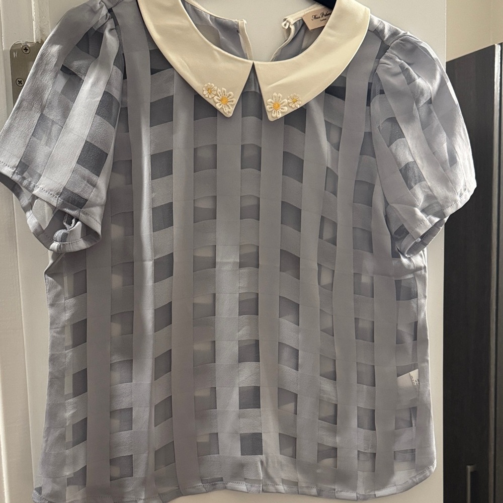 Elegant Gray Blouse with Cream Collar